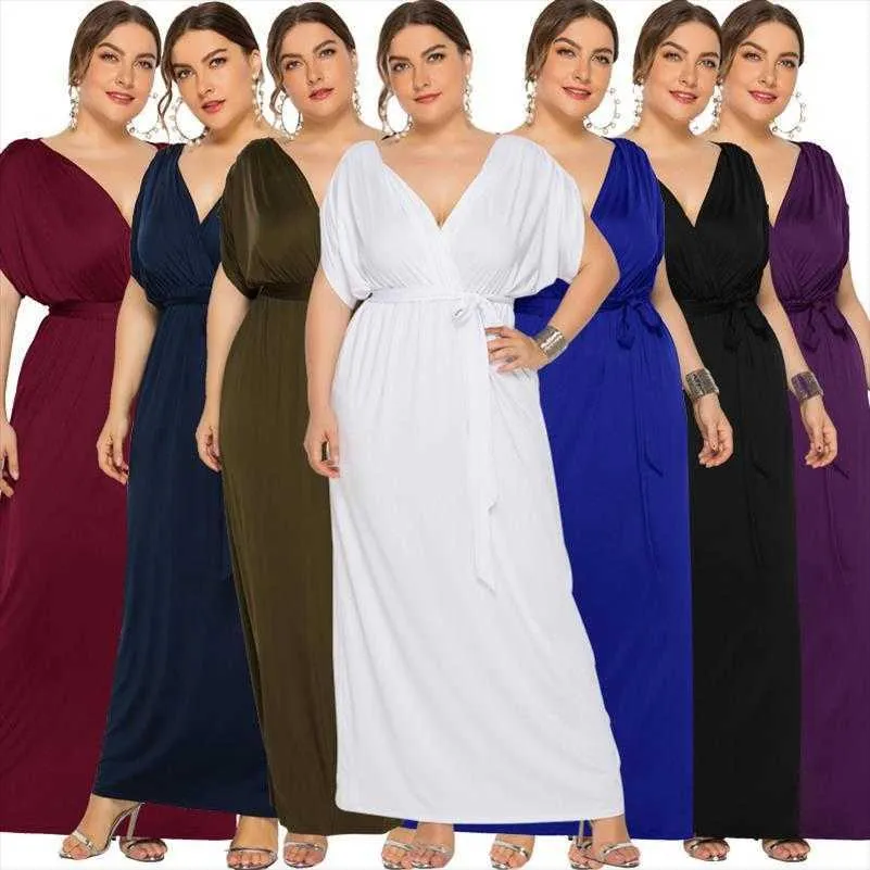 Robes solides sexy pour femmes de grande taille, couleur et col en V, robe ample à grand ourlet