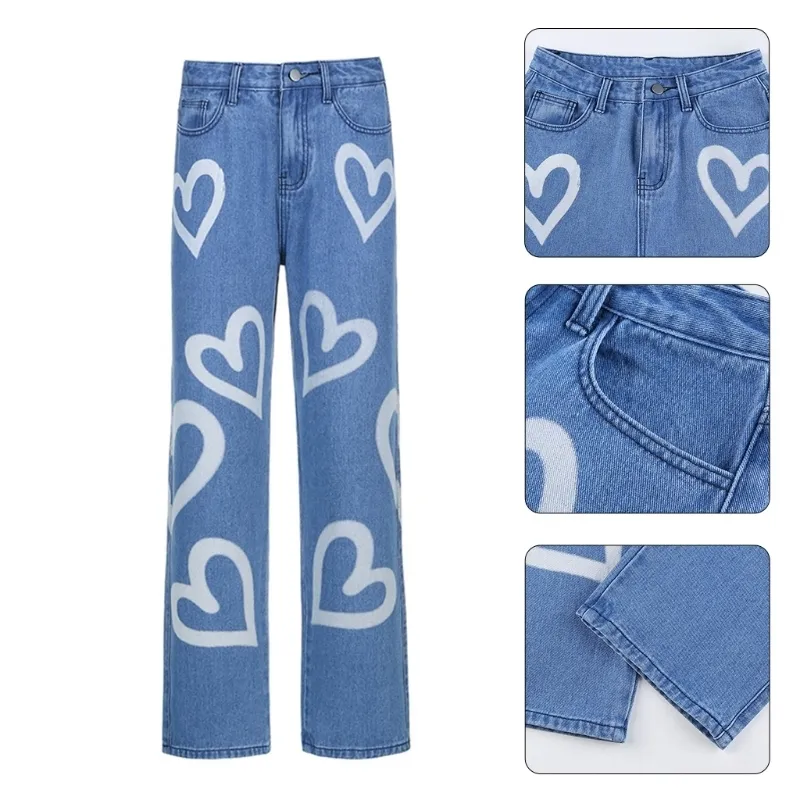 Jeans feminino cintura alta perna reta baggy coração graffiti impressão denim calças compridas harajuku hip hop solto 90s calças 230111