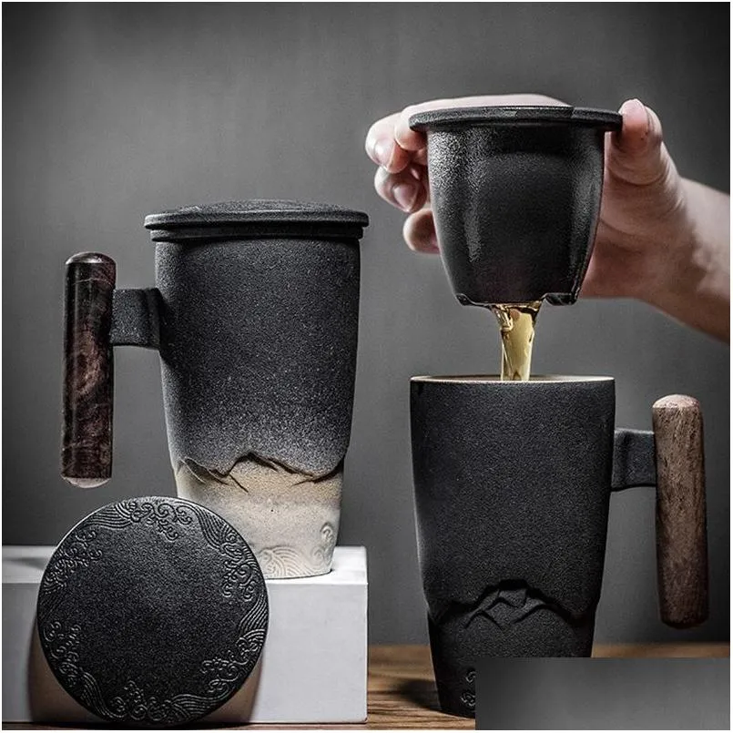 Tasses Tasse de thé rétro de luxe tasse en céramique grande capacité filtre de bureau eau noire avec poignée en bois tasses idées cadeaux boîte Drop Delive Dhray