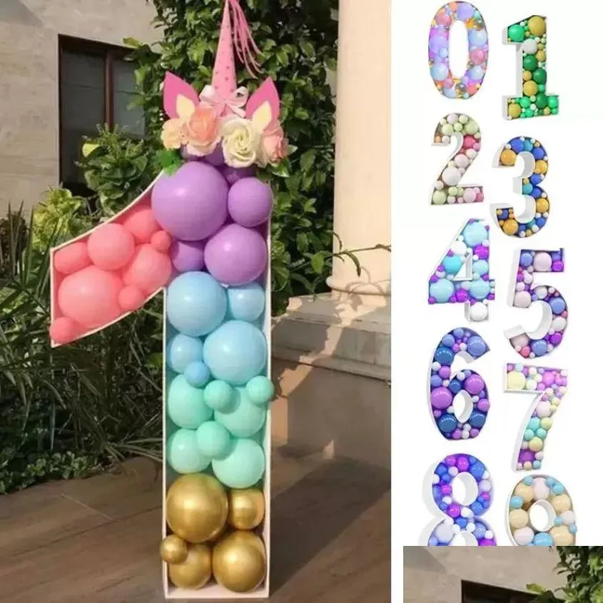 Decorazione per Feste 73 Cm Grande Numero Telaio Stand Palloncino Riempimento Scatola Fai da Te Baby Shower Giungla Compleanno Lettera 1 2 3 Mosaico Anniversario Nuovo Dhbp4