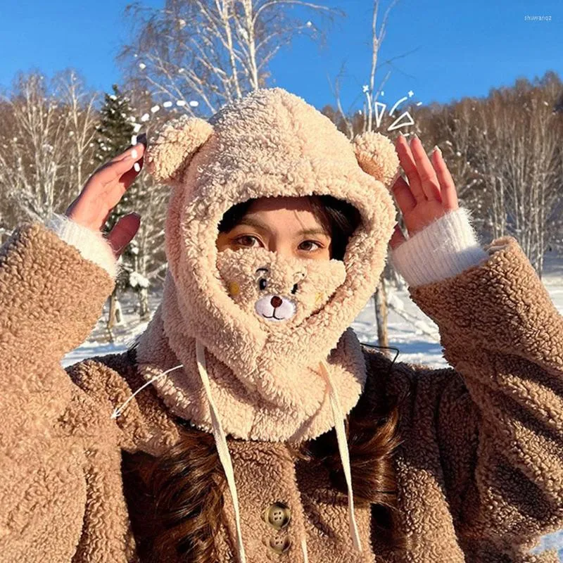 Boinas Invierno Lindo Oso de dibujos animados Oreja Cordero Felpa Gorros cálidos Bufanda Conjunto Máscara Protección engrosada Sombrero Mujer Chica Regalo de año