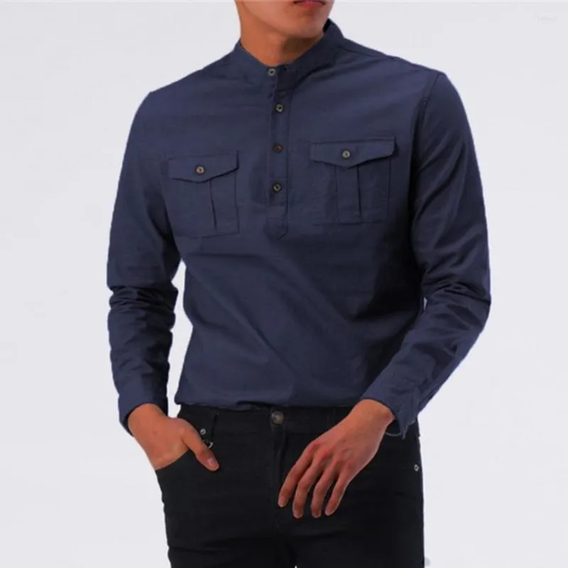メンズTシャツクラシック快適な長袖ビジネスシャツスタンドカラーメンズ2つのポケットボタンスリムな男性プルオーバートップカジュアルデイリーライフ