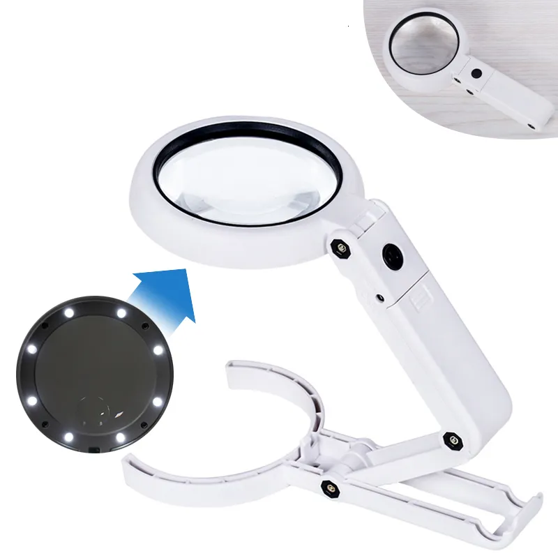 Lupos Linfiadores lâmpada dobrável 5x 11x para espata 8 LED mesa de mesa LED Stand Handheld portátil lupa de vidro C 230112