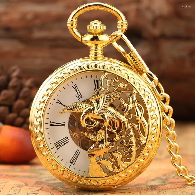 Pocket Watches Golden Double Open Case lock Phoenix Semi-Hollow Mechanical Watch Hollow Cover Hand Winding Fob Chain for Men Women