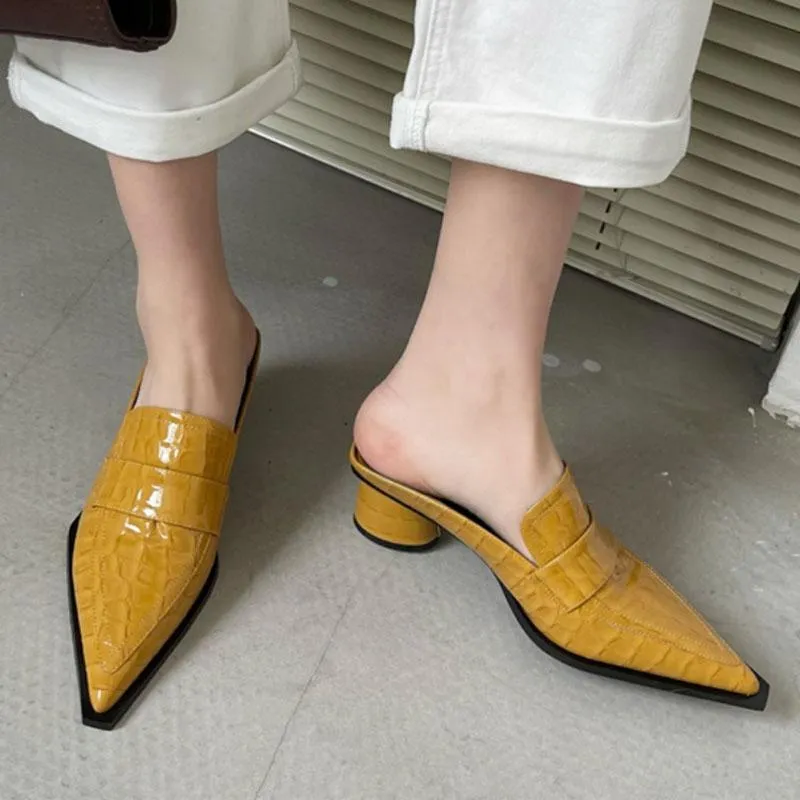 Pantoufles Mules en cuir japonais motif crocodile femmes sandales chaussures d'été femme tongs bout pointu talons ronds diapositives 2023