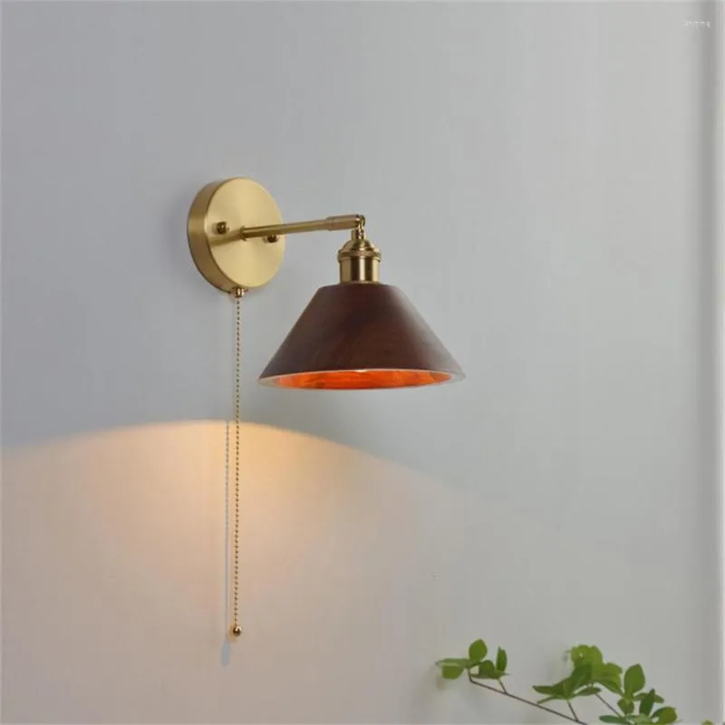 Vägglampa modern mässing ljus svart valnöt pull switch läsning sconce för levande sovrum sovrum led hem trädekor