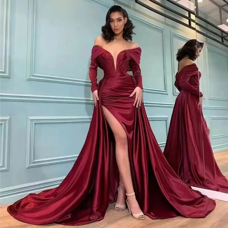 Abiti da sera eleganti a tubino a maniche lunghe con gonna staccabile con spalle scoperte Spacco laterale Abiti da ballo sexy in raso bordeaux Semplici abiti per occasioni speciali