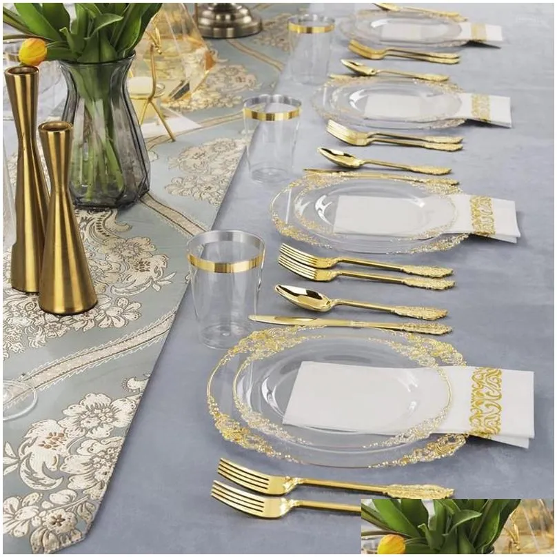 disposable flatware cutlery clear gold plastic tray with silverware glasses birthday wedding party supplies 10 person set