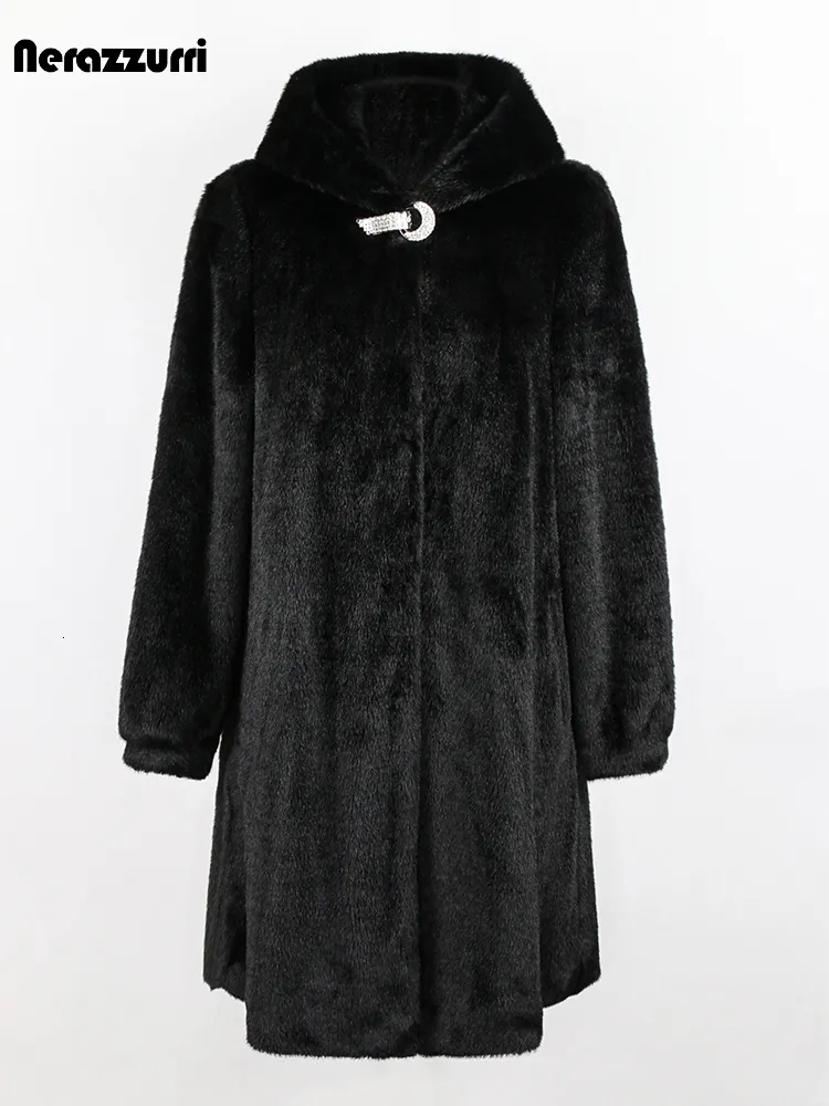 Women's Fur Faux Nerazzurri Winter Long Black Thick Warm Fluffy Mink Coat Women with Hood Big Size Luxury Outerwear 4xl 5xl 6xl 7xl 230112