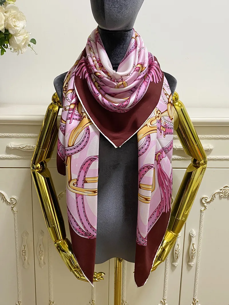 Foulards carrés pour femmes, châle de bonne qualité, 100% soie sergé, matière, couleur rose, motif imprimé, taille 130cm - 130cm