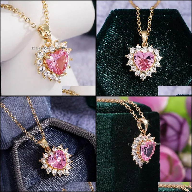 Pendanthalsband Lucky Pink Zircon Peach Heart Necklace For Women Engagement Wedding Gold Jubileum Presentkrage de Mujerpendant D DH6X1