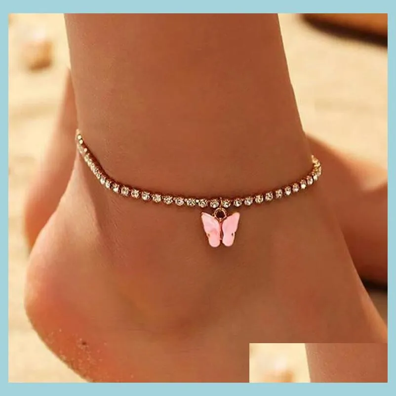 Bracelets de cheville Doux Mignon Papillon Cheville Strass Cristal Cheville Bracelet Boho Plage Acrylique Pour Femmes Sandales Bracelets De Pied Drop Deliv Dhcku