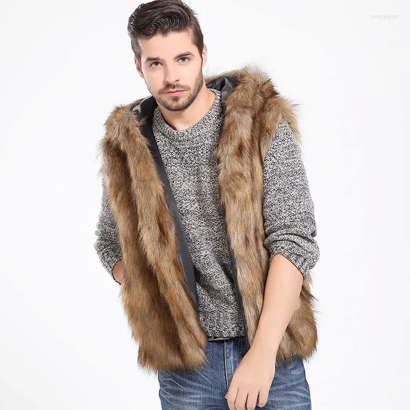 Hommes Gilets Hiver Épaissir Chaud Hommes Poilu Fausse Fourrure Gilet À Capuche Gilets Sans Manches Poches Manteau Survêtement Vestes Plus 3X 6Q2041