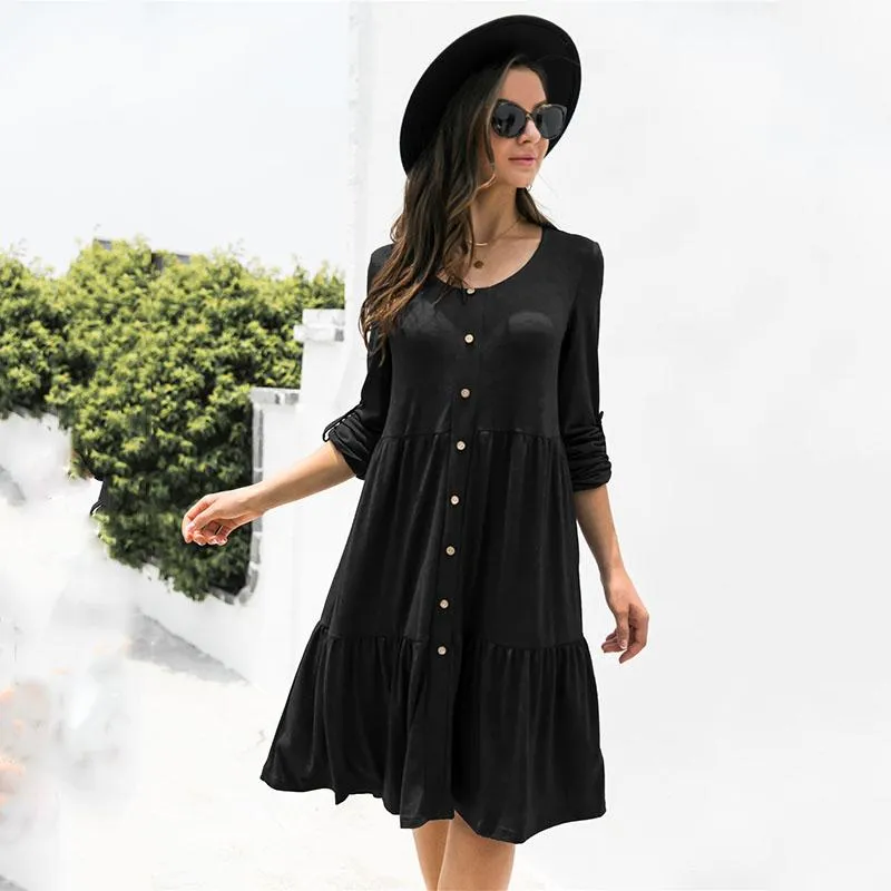 Casual Kleider 2023 Herbst Frau Kleid Solide Langarm Taste Geraffte Für Frauen Lose A-Line Knie-Länge Robe Schwarz