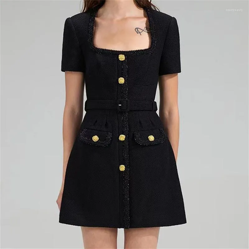 Casual Dresses Spring 2023 in Square Neck Tweed Waist Short Skirt Elegant for Women Korean Fashionthe Mini Sleeved Top