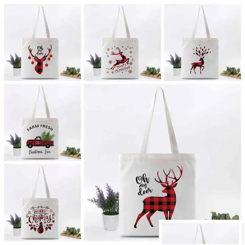 Weihnachtsdekorationen Santa Print Säcke Leinwand Sackleinen Tasche Geschenk Shoder Taschen Kinder Dstring Große Größe Weihnachten Party Decorati Drop Lieferung Dh2Hc