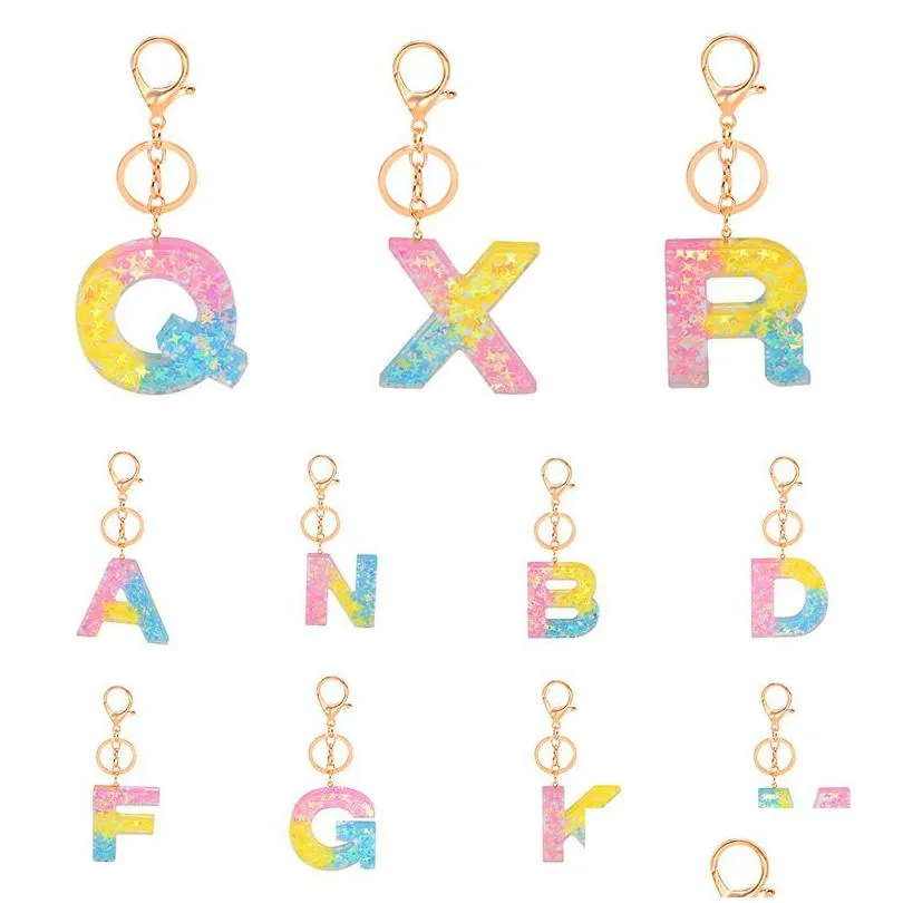 Keychains Lanyards Az Initial Keyrings For Women Men Acrylic Letter Three Colors Alphabet Couple Key Ring Chains Bag Charm Accesso Dhped