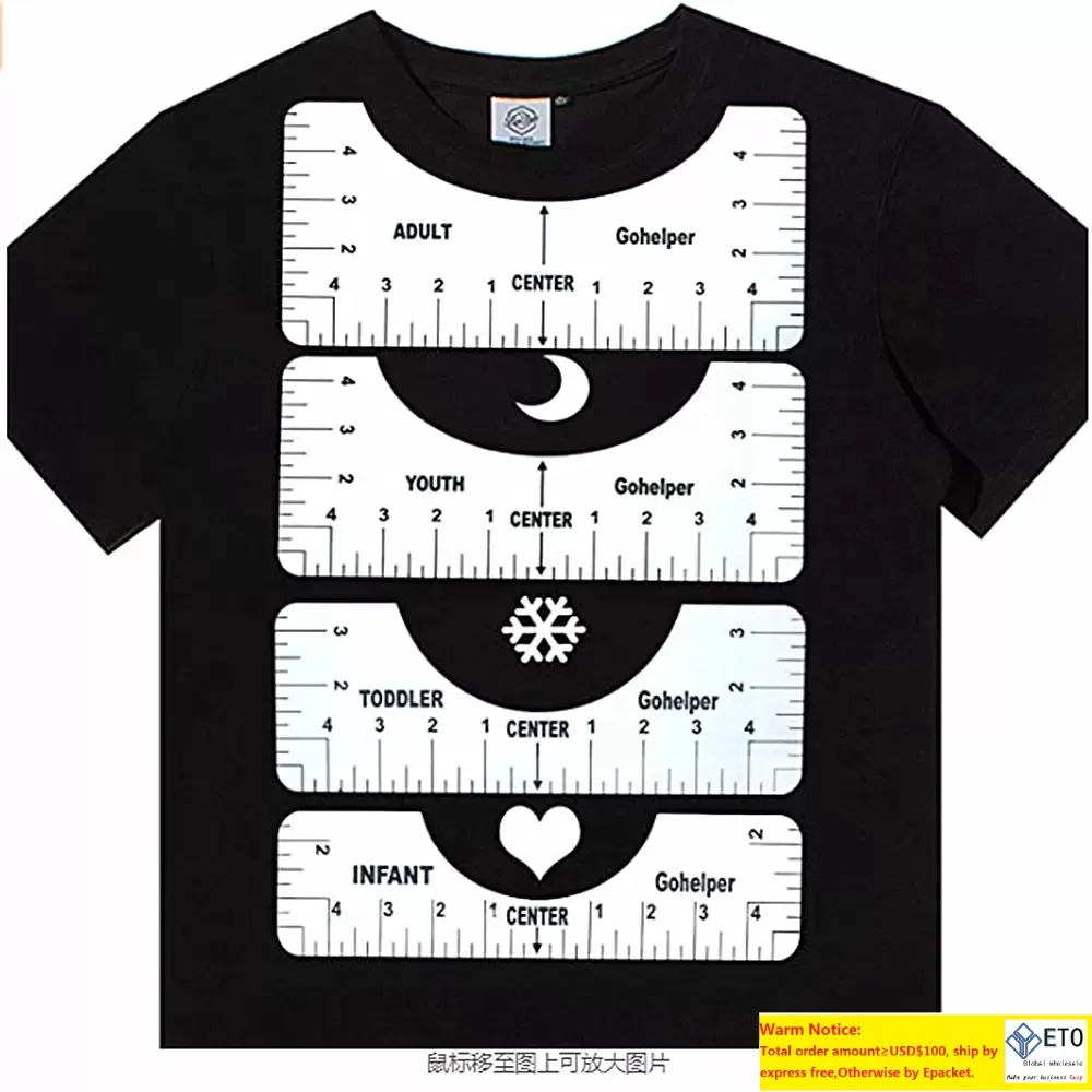 Sewing Notions Tools 4-teiliges T-Shirt-Ausrichtungslineal zum Führen von Designs, Mode-Linealen mit Größentabelle, Zubehör für Erwachsene, Jugendliche und Kleinkinder