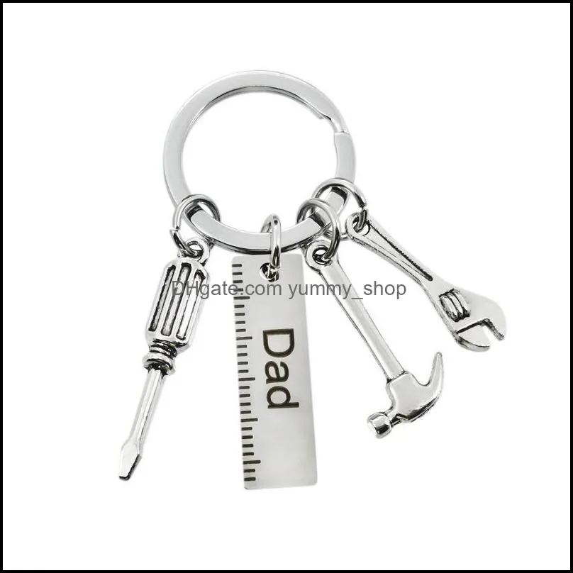 Keychains Lanyards 50Pcs/Lot New Stainless Steel Dad Tools Keychain Grandpa Hammer Screwdriver Keyring Father Day Gifts1 85 W2 Dro Dhe9D