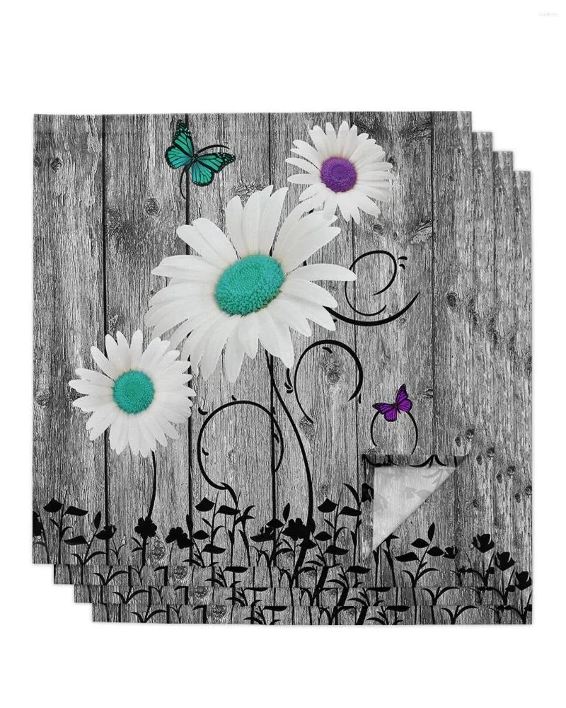 Spring Table Napkins Wood Grain Daisy Butterfly Retro Art Napkins Cloth Set Handkerchief Dinner