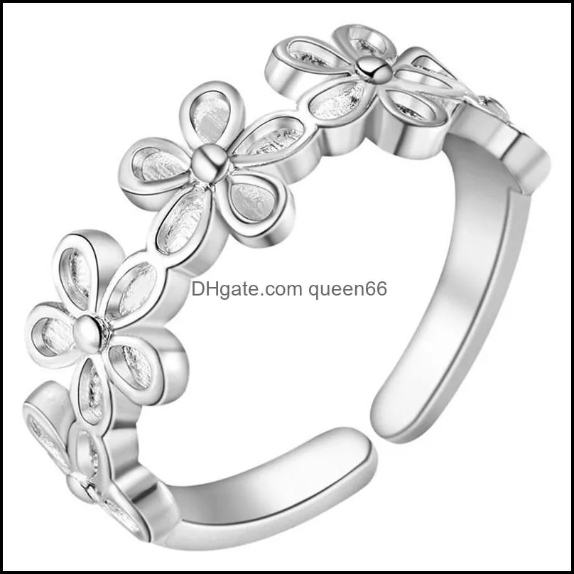 Band Rings Fashion Cute Women Lady Flower Nice Jewelry Ring Sier Color Elegant Retro Style Wedding Party Gift Drop Delivery Ota8Q