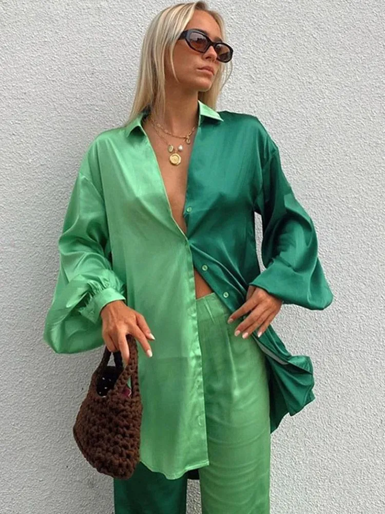 Women's Two Piece Pants Oversized Satin Shirt Trousers Set Woman Contrasting Colors Button Top Straight Suit Female 2023 Spring Casual