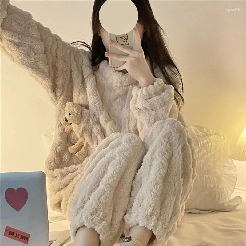 Dames slaapkleding koraal fluweel pyjama's dames herfst en winter ins stijl schattige zoete flanel loungewear set