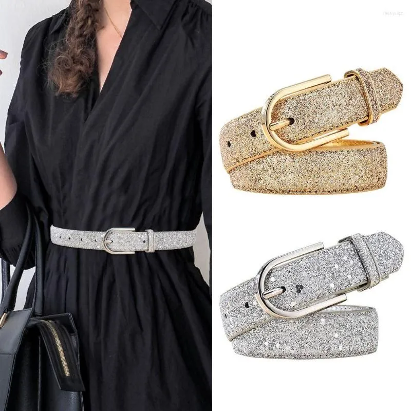 Belts Casual Vintage Luxury Design Trouser Dress Gold Silver Waist Strap Pin Buckle Waistband Glitter Leather Belt