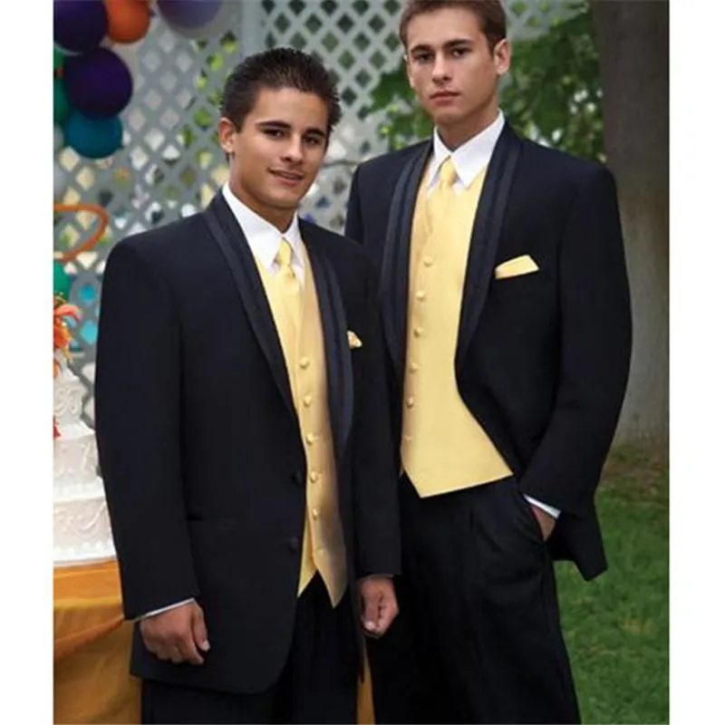 Jaqueta preta dos ternos masculinos com colete de cetim amarelo Men smoking Men Tuxedos Groomsmen Man Suit Wedding (colete de calças)