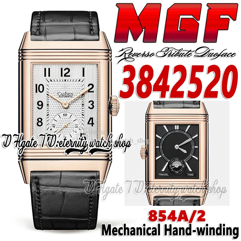 MGF Reverso Tribute Duoface mg3842520 Herrklocka 854A/2 Mekanisk handupprullande Dubbel tidszon Rose Gold Fodral Silver Dial Läderrem V2 Edition evighetsklockor