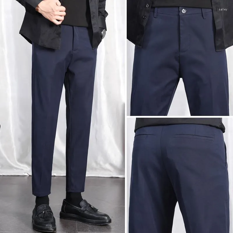 Erkek pantolon hazır stok iş tarzı ayak bileği moda erkekler ince uyum konforlu streç dokuz uzunlukta rahat saf renk pantolon