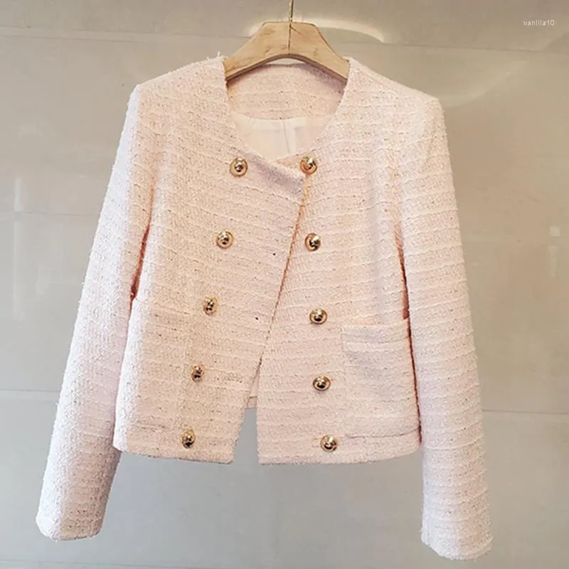 Vestes pour femmes Double boutonnage Tweed manteau femmes col rond à manches longues décontracté vêtements d'extérieur en laine lâche Vintage français poches K3187