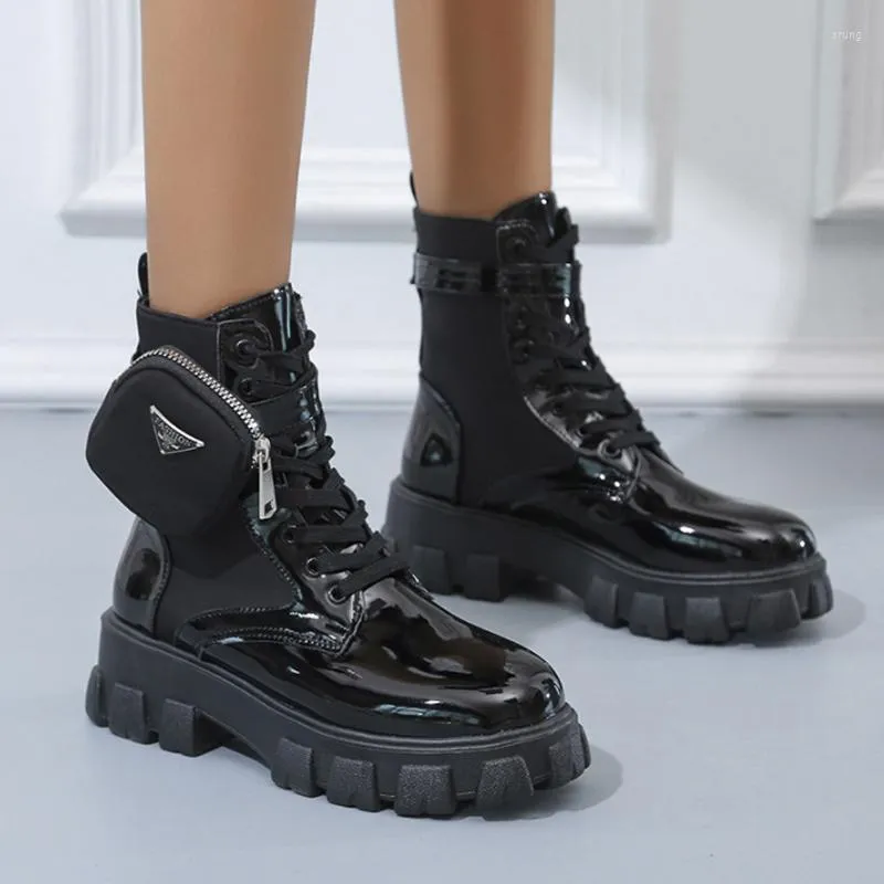 Botas feminino preto branco punk tornozelo plataforma sólida de boa qualidade feminino de renda up grossa de salto de salto bolso de fivela 2023 sapatos