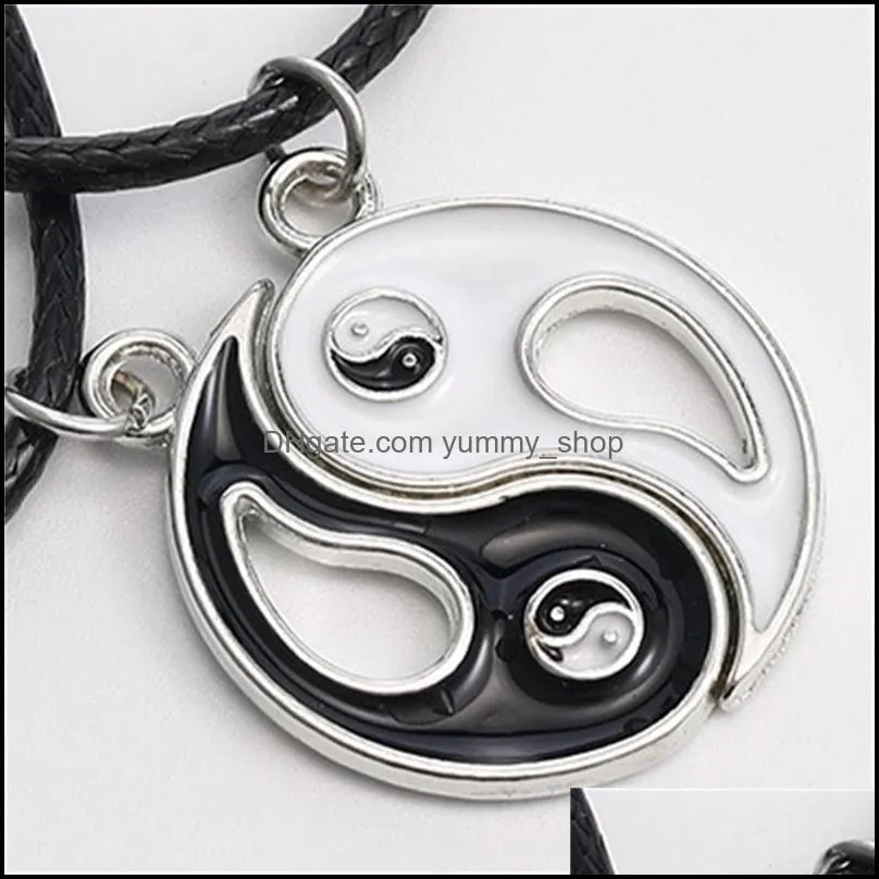 Pendentif Colliers Conception Unique Splice Gossip Tai Chi Yin Yang Pour Femmes Corde En Cuir Noir Blanc Amitié Couple Saint Valentin Cadeau 4 Dhxcp