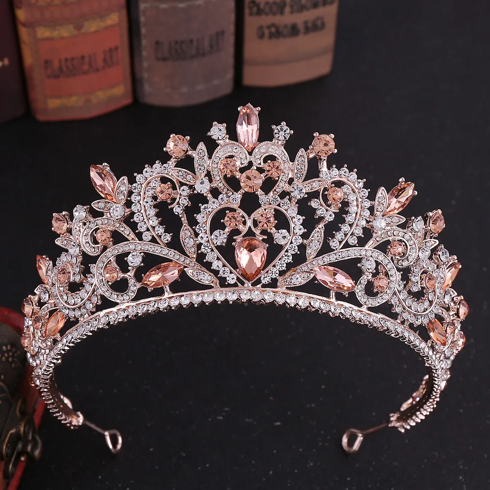 Bröllop hår smycken barock vintage rosguld persika hjärtkristall brud tiaras kronor tävling diadem slöja tiara tillbehör 230112
