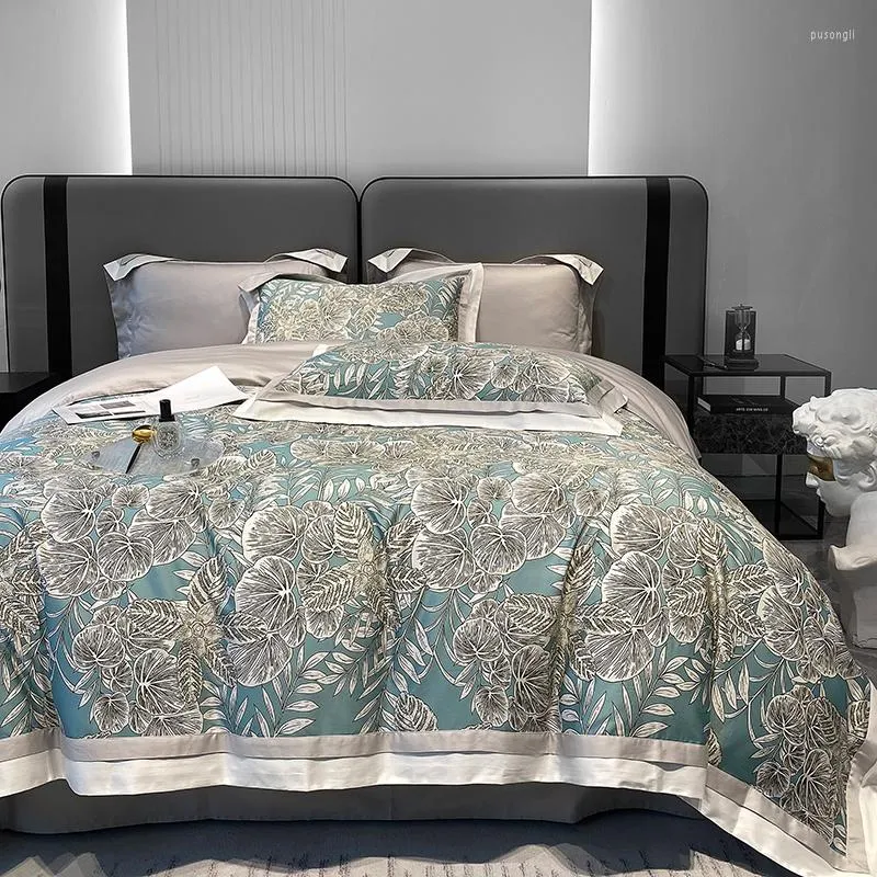 Set di biancheria da letto Luxury 1000TC Cotone egiziano Set stampa foglie Copriletto Copripiumino Federe piatte / con angoli