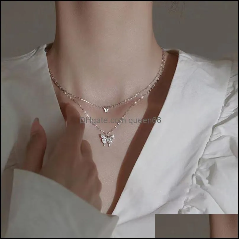 Naszyjniki wisiorek Dainty Butterfly Naszyjnik dla kobiet punkowy sier kolor warstwowy łańcuch koreański kruszy biżuteria mody 2022 pendant d dhfd2