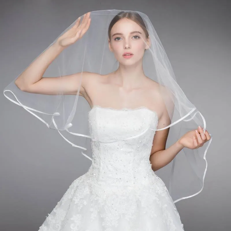 Brautschleier 1,5 m schlichter weißer Elfenbein-Schleier mit Bandkante, Tüll, eine Schicht, kurz, Braut, Hochzeit, Accessoire, Mariage Sposa