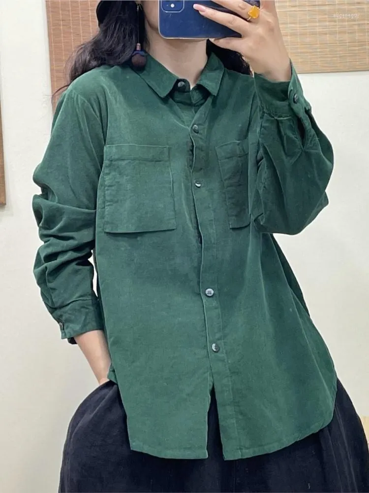 Women's Blouses Female Office Work Corduroy Shirt 2023 Spring Ethnic Casual Vintage Top Ladies Turn-down Collar Button Long-sleeved Solid