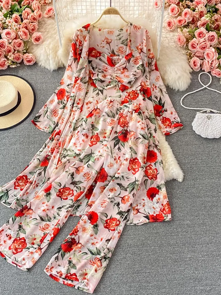 Women's Two Piece Pants Bohemian Women 3 Pieces Set Female Elegant Long Cardigans Strapless Camis Wide Leg Chiffon Suits Spring Fall 2023