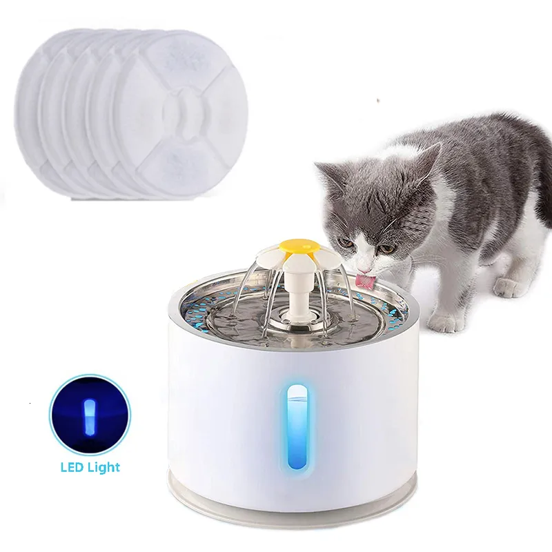 고양이 그릇 피더 LED 조명 5 팩 필터가있는 자동 애완 동물 수분 분수 2.4L USB 디스펜서 슈퍼 음소거 음료 피더 230111