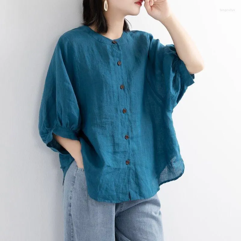 Kadın Bluzları Kadın Gömlekleri 2023 Pamuk Keten Gömlek Kadın Fener Kollu Yarım O boyun retro sanatsal artı boyut gevşek gündelik üstler
