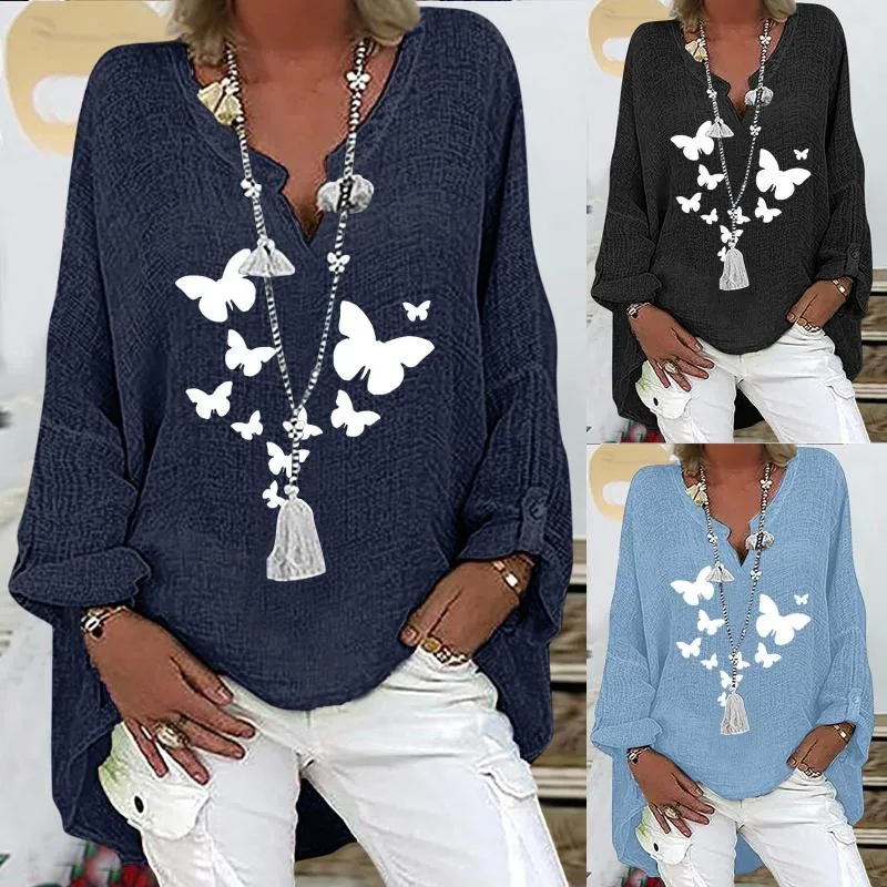 Kvinnors T-skjortor Kvinnor Casual Loose Print V-Neck Cotton Linen Långärmning Skjorta Top Solid Color Zip Up Pocket Overized Basic Ladies Tops