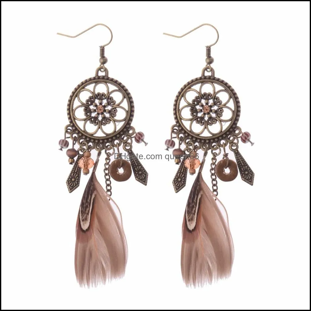 Dangle Lustre Rétro Dreamcatcher En Forme De Plume Pendentif Boucles D'oreilles Rondes Pour Femmes Style Ethnique Orecchini Etnici Drop Delivery Je Ot1Wp