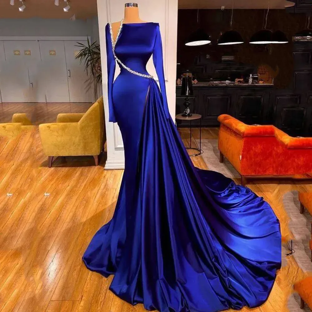 Темно -королевская синяя атласная русалка платья выпускная
