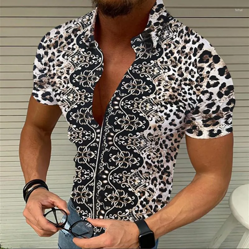 Männer Casual Hemden Sommer Mode Männer 3D Leopard Print Hemd Revers einreiher Strand Party Tanz Kurzarm Für männer