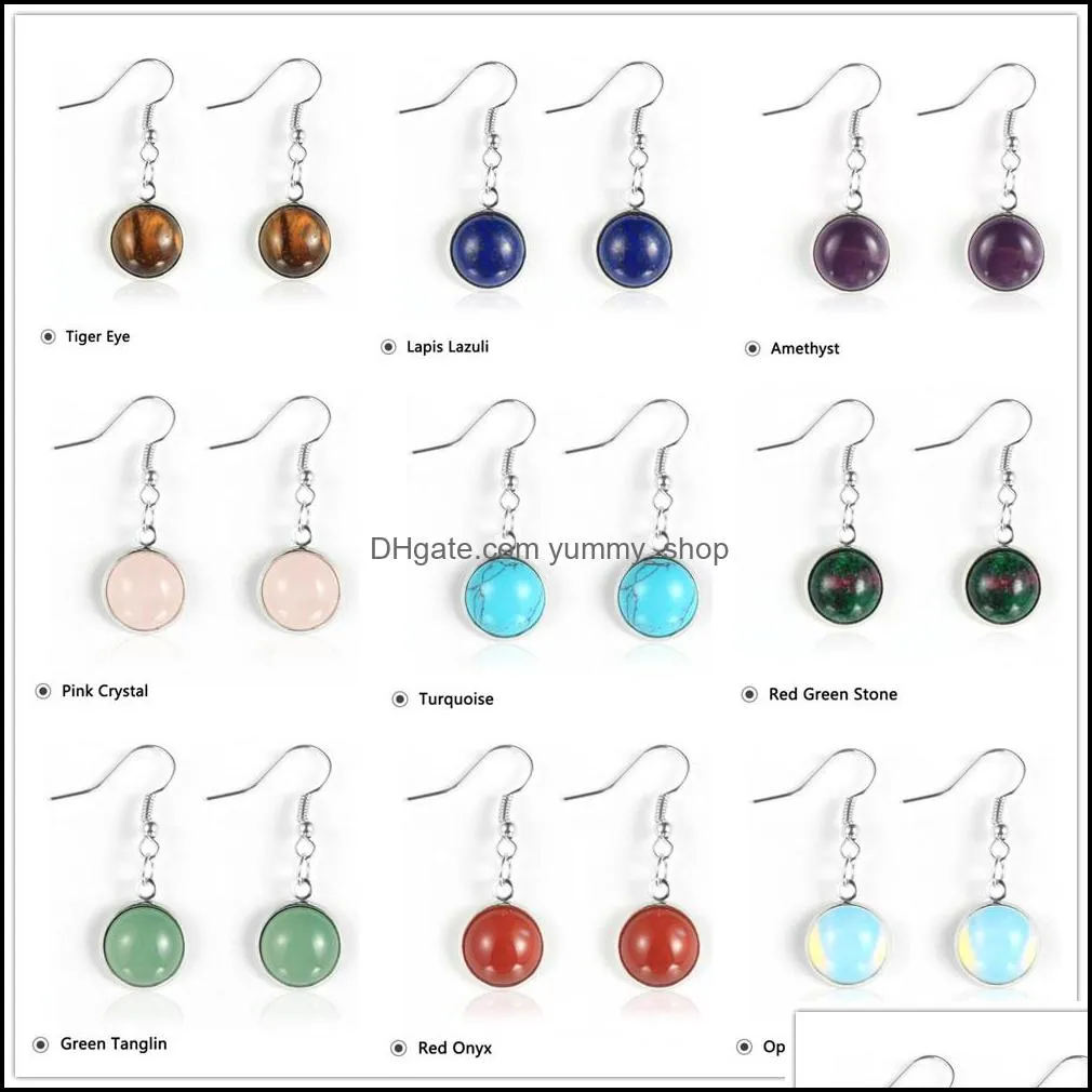 Dangle Chandelier Natural Gem Stone Pendant Earring For Women 12Mm Small Opal Tiger Eye Rose Quartz Amethyst Turquoises Crystal Ro Dhal7