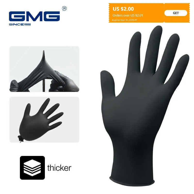 Gants en Nitrile imperméables pour le travail, GMG, noirs plus épais, pour produits mécaniques, chimiques, alimentaires, jetables