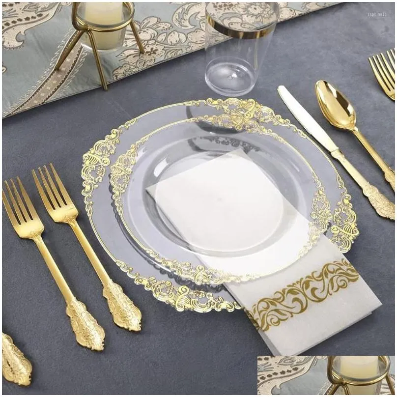disposable flatware cutlery clear gold plastic tray with silverware glasses birthday wedding party supplies 10 person set