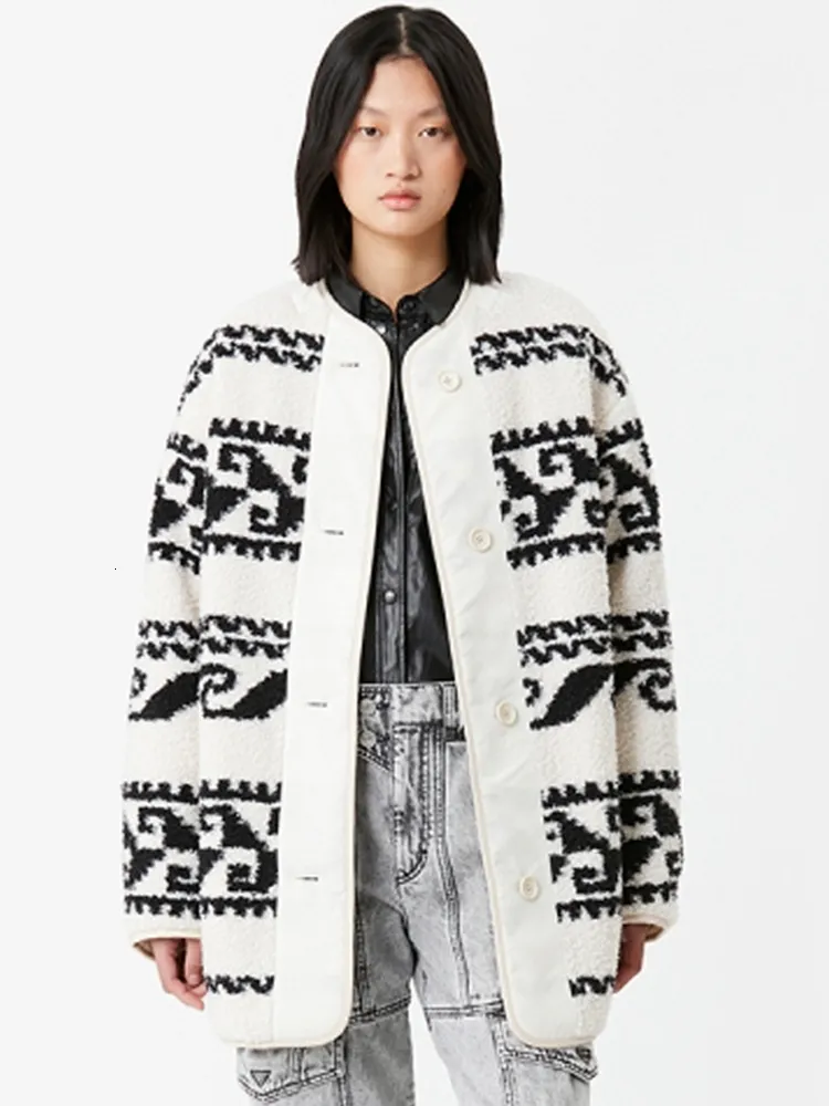 Women's Jacket Autumn Winter Retro Woolen Mid length Contrast Color Loose Lamb Wool Ladies Coat 230111